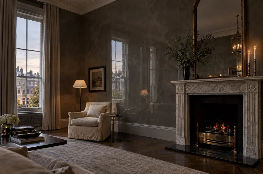Grey polished Venetian stucco in a Georgian living room