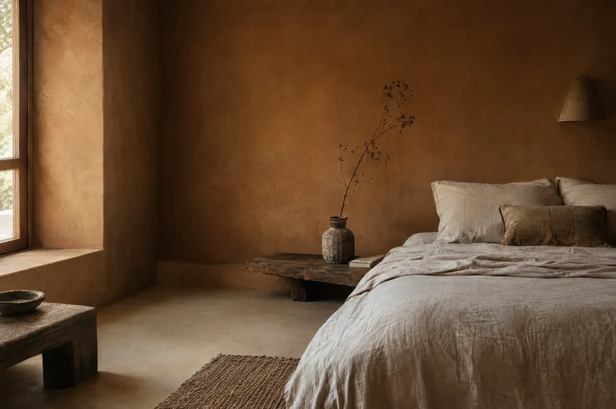 Natural clay plaster bedroom