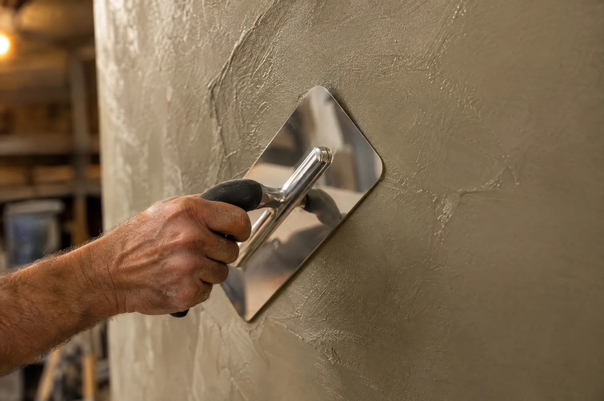 Stainless steel Venetian trowel applying stucco